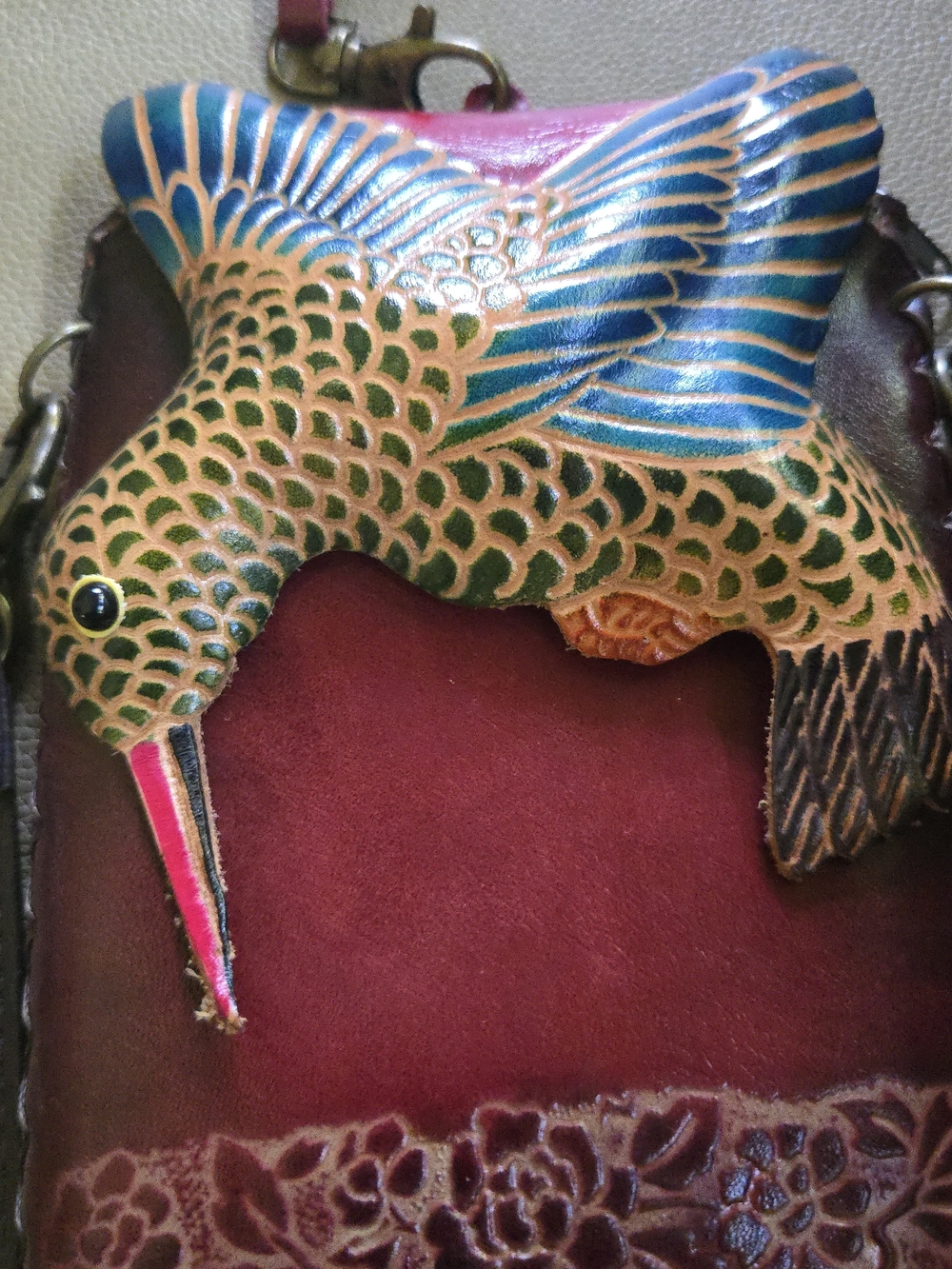Handmade Burgundy Leather Crossbody Bag with Colorful Hummingbird Accent - Picture 4 of 7